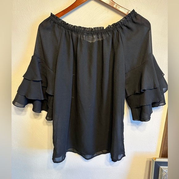 Mileage Black chiffon off the shoulder blouse with layered ruffled sleeves. - Picture 2 of 7